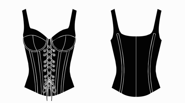 Black Corset and Bustier with Front Lacing Silhouette in a Vintage Style Showing Front and Back Views for Fashion and Apparel Design