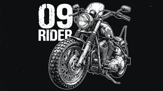 Vintage custom motorcycle vector illustration, 09 Rider typography on black background, hand drawn biker t-shirt design, classic chopper motorbike