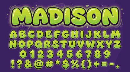 Madison bubble font vector, green cartoon alphabet with numbers and symbols, playful 3d glossy lettering set for kids games and posters © Iconify Studio
