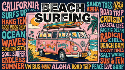 Vintage beach surfing van vector illustration, retro summer road trip poster with surfboards, groovy coastal life typography background © Iconify Studio