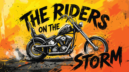 Vintage custom chopper motorcycle vector illustration, Riders on the Storm typography, grunge biker art with orange and yellow paint splashes © Iconify Studio