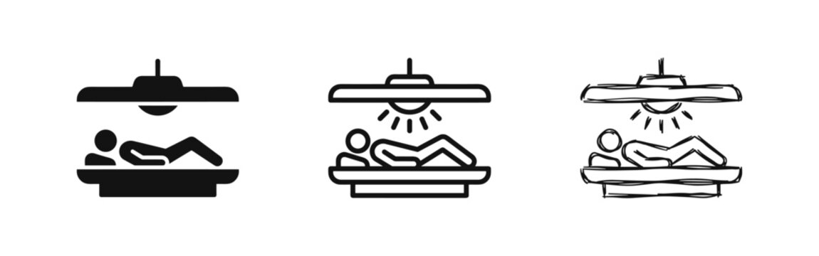 Tanning Bed Icon Set, Person in Solarium in Glyph, Outline, and Sketch Styles