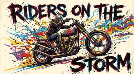 Vintage motorcycle rider illustration with Riders on the Storm text, retro biker art vector, colorful hand drawn chopper with smoke and flames © Iconify Studio