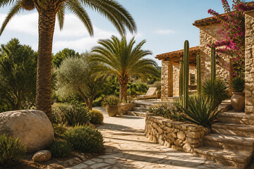 Fototapeta premium Palm trees and olive groves surround a rustic stone villa under a bright sky.