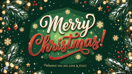 Merry Christmas greeting card vector, festive holiday background with pine branches and red berries, elegant winter season banner with snowflakes © Iconify Studio