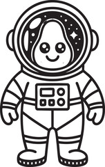 Fototapeta premium Cute avocado astronaut character in spacesuit, black and white line