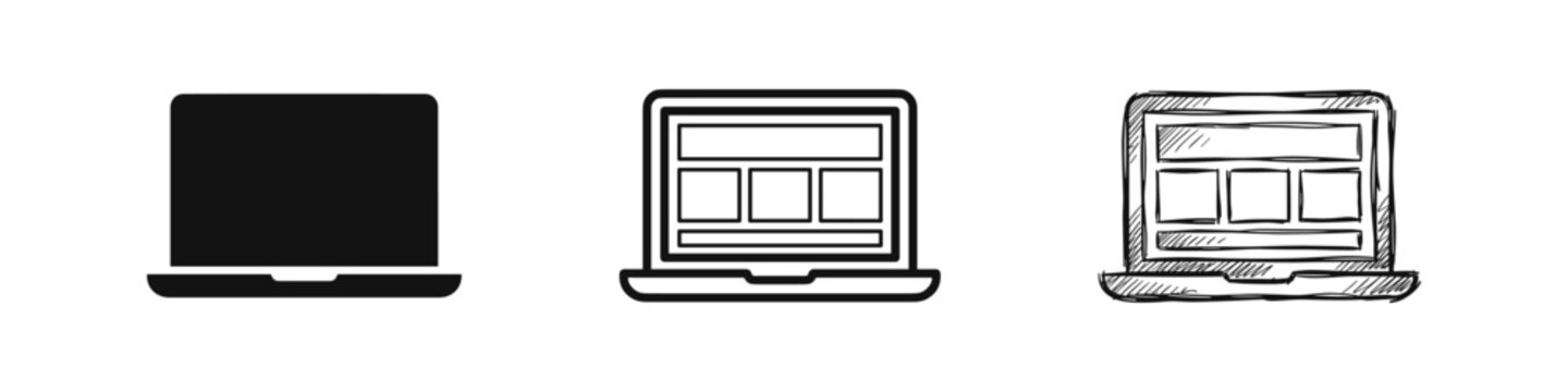 Responsive Design Icons: Laptop and Tablet Devices with Web Layouts in Glyph, Outline, and Hand-Drawn Styles
