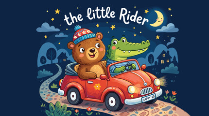 Fototapeta premium Whimsical little rider bear and crocodile in red car, cute animal friends driving at night vector, nursery storybook illustration with moon and stars