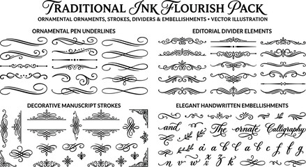 Traditional ink flourish vector pack featuring vintage ornamental dividers calligraphic text underlines hand drawn manuscript strokes and elegant decorative typography embellishments. © Md