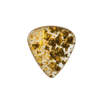 Guitar pick with embedded gold leaf flakes and clear resin texture isolated on a solid transparent background for musical use.