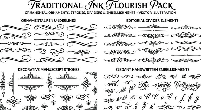 Traditional ink flourish vector pack featuring vintage ornamental dividers calligraphic text underlines hand drawn manuscript strokes and elegant decorative typography embellishments.
