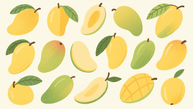 Cute hand-drawn mango fruit collection with slices and leaves
