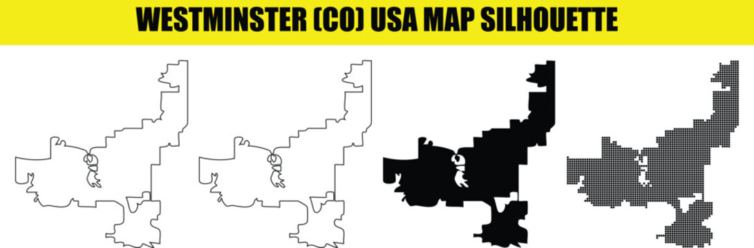 Westminster co usa map silhouette outline filled dot map illustrations on transparent grid background.