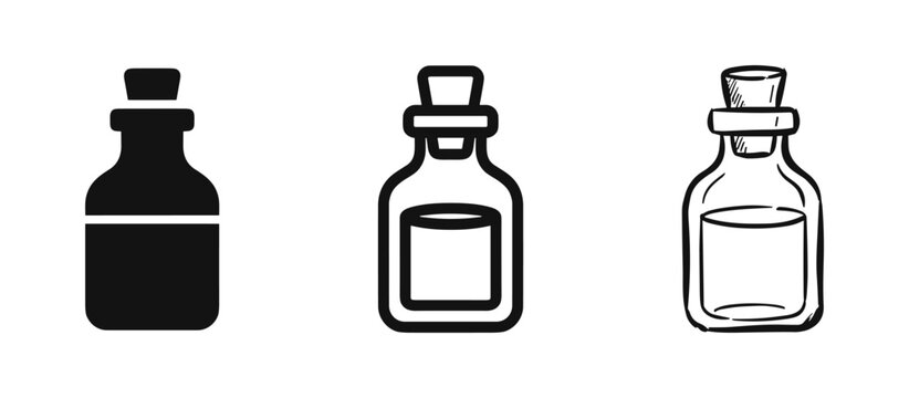 Potion Bottle Liquid Flask Icon Set in Solid, Outline, and Hand-Drawn Sketch Styles for Magic and Science