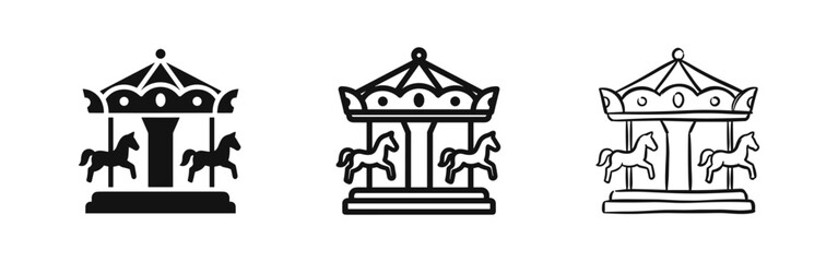 Merry-go-round or carousel icon set, depicting an amusement park ride in solid, outline, and hand-drawn versions. © drawing lines