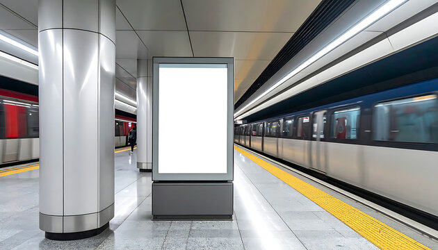 Blank digital advertising screen at a modern subway station platform with a blurred moving train, urban transportation advertising space