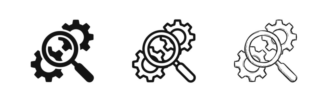 Search optimization and technical solutions icon set with gears and magnifying glass in various styles.