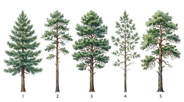 Collection of five detailed illustrations showcasing various stages of pine tree growth with distinct foliage and trunk