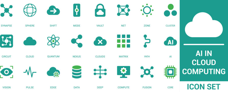AI in cloud computing icon set. Artificial intelligence network server, quantum data synapse & digital core technology symbols.