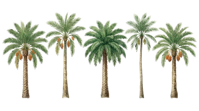 Collection of five detailed palm trees with lush fronds and textured trunks optimum for tropical landscape illustrations and