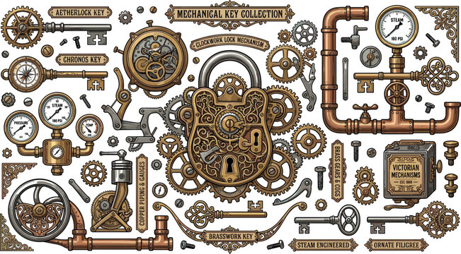 Vintage steampunk mechanical key and lock vector collection featuring intricate brass gears, industrial copper pipes, pressure gauges, and ornate Victorian clockwork elements.
