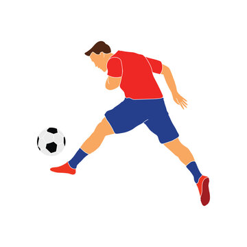 Flat vector illustration of a soccer player in a red jersey and blue shorts dynamically kicking a football, isolated on a white background.