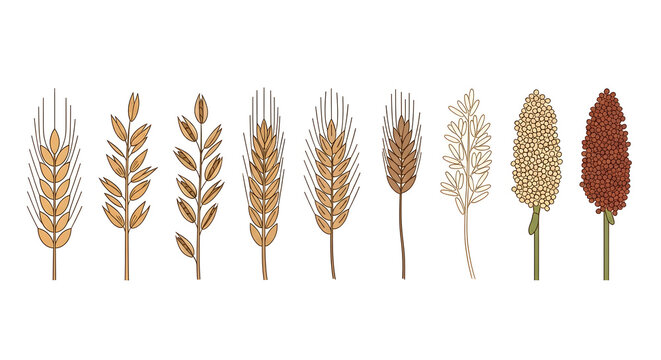 An illustration of various wheat and grain stalks in different shades and textures on a white background