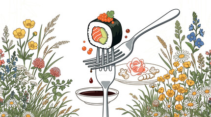 Artistic vector illustration of a sushi roll on a fork over soy sauce surrounded by beautiful wild meadow flowers and field herbs. © Md