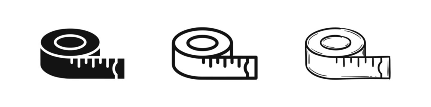 Measuring Tape and Ruler Icon Set in Solid, Outline, and Hand-Drawn Sketch Styles