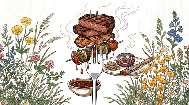 Creative vector illustration of hot grilled meat skewers and steak on a fork with barbecue sauce set against a meadow of wild blooming flowers.