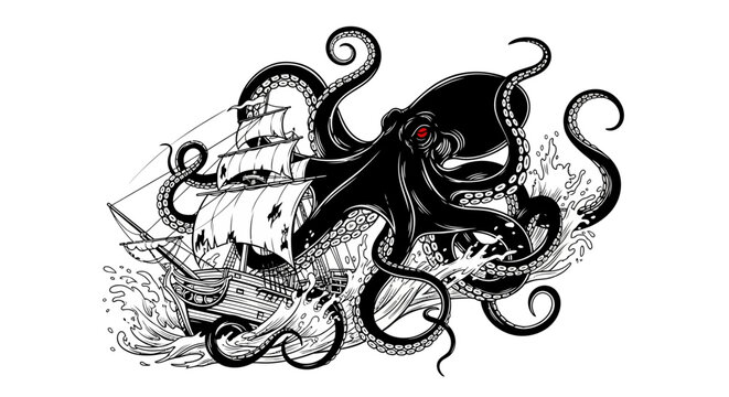 Octopus attacking a ship with tentacles.