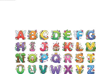 Fototapeta premium Cute Fairy Tale Alphabet Vector Set with Colorful Cartoon Letters Mushroom House Rainbows and Flowers for Kids Birthday Party Posters and Nursery Decor