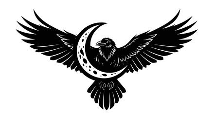 Obraz premium Black bird flying with crescent moon.