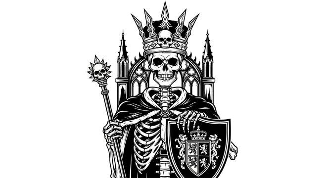 Skeleton king with crown and shield.