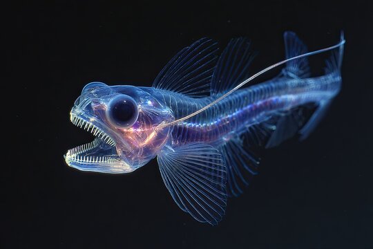 A bioluminescent viperfish with needle-like teeth displaying its eerie glowing lure