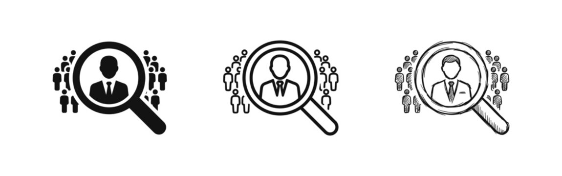 Human resources recruitment icon with magnifying glass highlighting a candidate in a crowd.