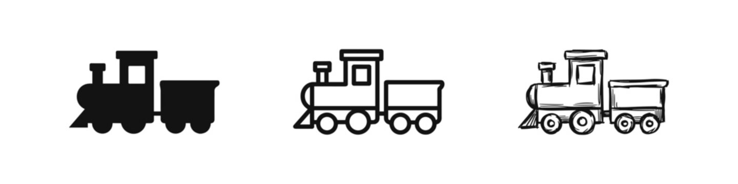 Steam locomotive train with wagon icon set in solid, outline, and sketch styles