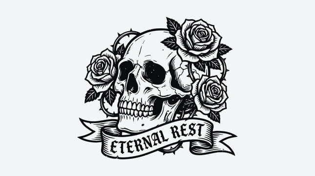 Human Skull with Roses Decoration.