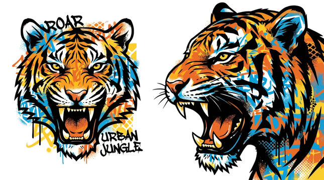 Colorful illustration of tiger heads.