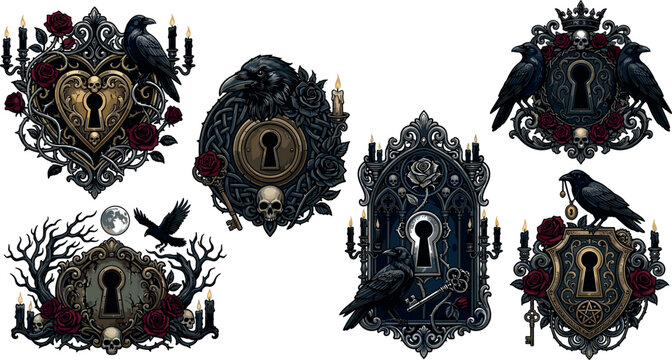 Gothic keyhole vector icon set featuring ornate dark frames raven crows skulls red roses and candles for spooky halloween or fantasy designs. 