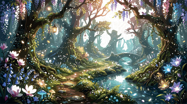 Enchanted forest vector background with magical glowing lights winding path river blooming wisteria flowers and ancient fairy tale trees for fantasy illustrations.