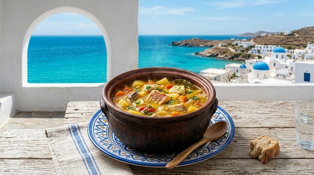 Kakavia Fishermen's Soup Kakavia Traditional Greek Fisherman's Soup with Mixed Fish Vegetables in Terracotta Pot Rustic
