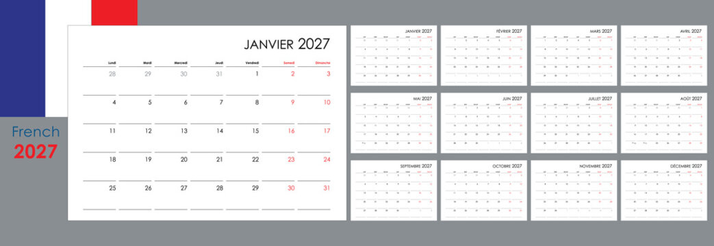 year 2027 annual calendar in french language, simple clean business design
