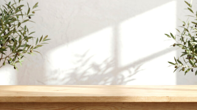 Wooden table top with olive tree for Mediterranean home product display mockup and digital advertising web banner.