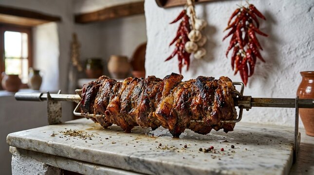 Kontosouvli Lamb Spit Roast Slow-roasted Kontosouvli Pork Lamb on Spit Close Crispy Caramelised Surface