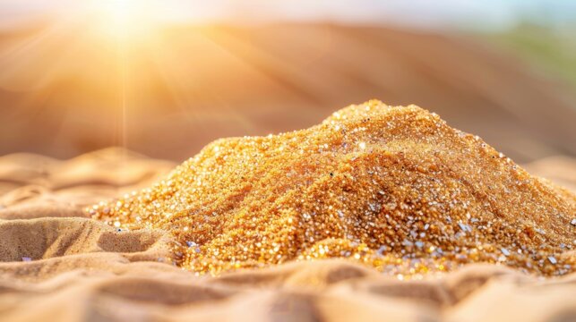 A pile of desert sand transitioning into a perfect shiny silicon microchip, crystalline structure, macro photography, golden hour lighting