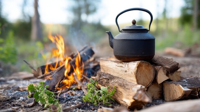 A rustic kettle hanging above campfire flames in the woods, surrounded by chopped firewood and scattered herbs