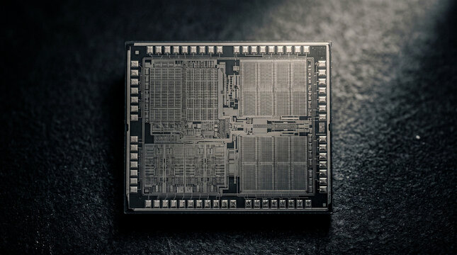 Silicon microchip die bonding pads carbon dark, transistor layer tonal macro stack