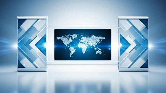 A digital display screen showing a global network map in a studio