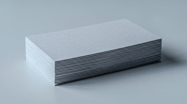 Plain business card stack low angle cool white, paper fiber edge layer shadow macro
